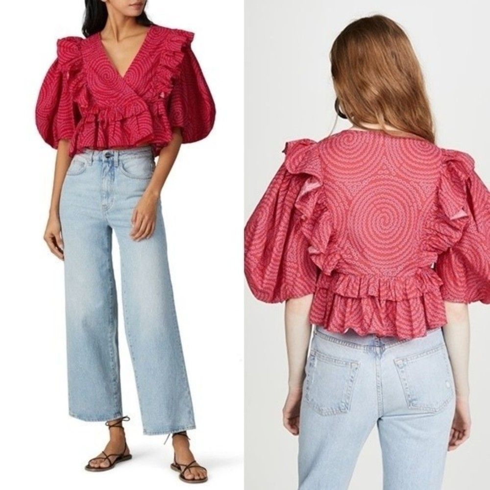 Rhode Resort Elodie Cropped Ruffled Top Red Trail